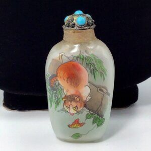 Antique Chinese Blown Glass Reverse Painted Snuff Bottle Cat 3.25”